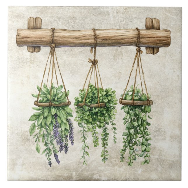 Rustic Watercolor Hanging Herbs with Twine Design Ceramic Tile (Front)