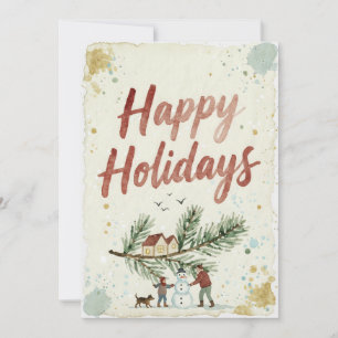 Rustic Watercolor Happy Holidays Winter Scene Card