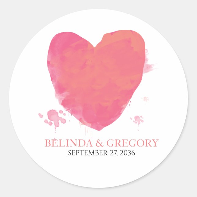 Rustic Watercolor Heart Wedding Classic Round Sticker (Front)