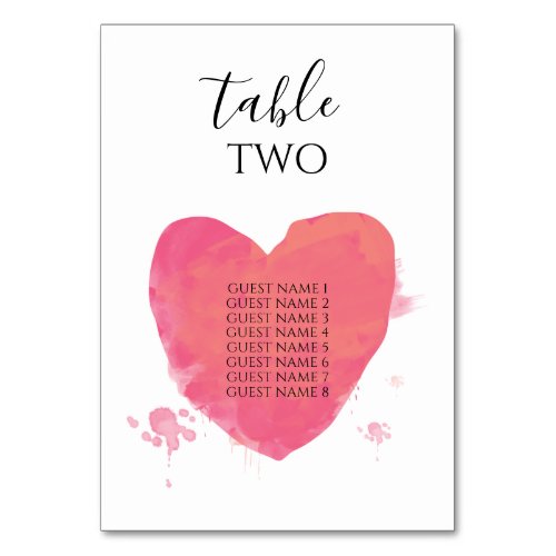 Rustic Watercolor Heart Wedding Guest Names Table Number