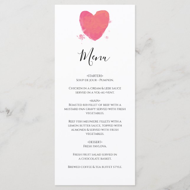 Rustic Watercolor Heart Wedding  Menu (Front)
