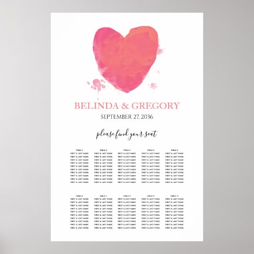 Rustic Watercolor Heart Wedding Seating Chart