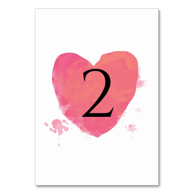 Rustic Watercolor Heart Wedding Table Number (Front)