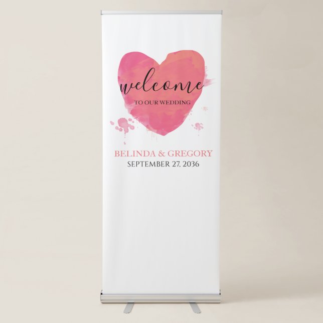 Rustic Watercolor Heart Wedding Welcome Sign (Front)