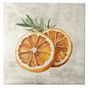 Rustic Watercolor Herb Rosemary Oranges Ceramic Tile