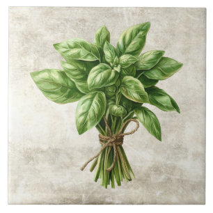 Rustic Watercolor Herbs Basil with Twine Design Ceramic Tile