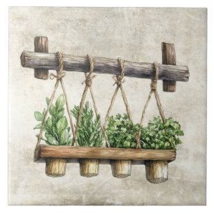 Rustic Watercolor Herbs Hanging Ceramic Tile
