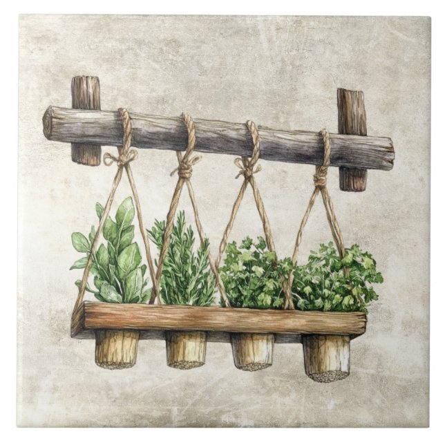 Rustic Watercolor Herbs Hanging  Ceramic Tile (Front)