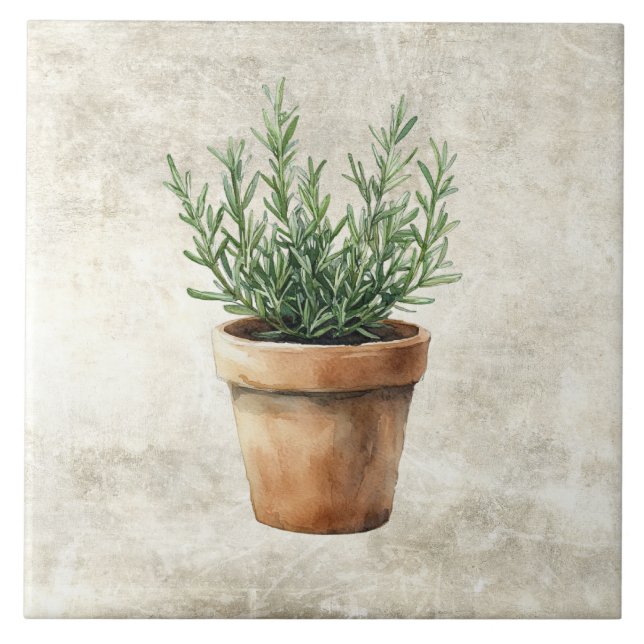 Rustic Watercolor Herbs Rosemary Pot Ceramic Tile (Front)