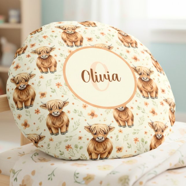 Rustic Watercolor Highland Cow Round Pillow (Creator Uploaded)