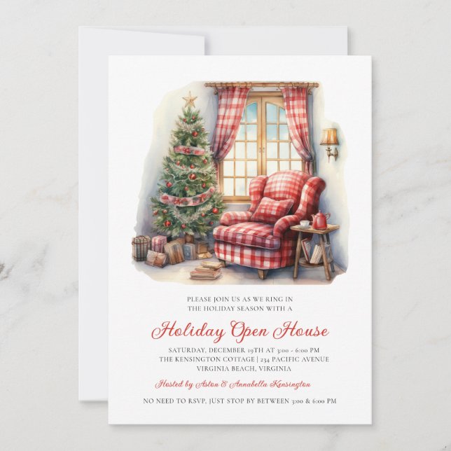 Rustic Watercolor Holiday Open House  Invitation (Front)