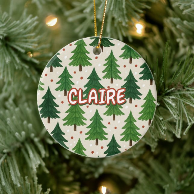 Rustic Watercolor Holiday Red Green Pinetrees Ceramic Ornament (Tree)