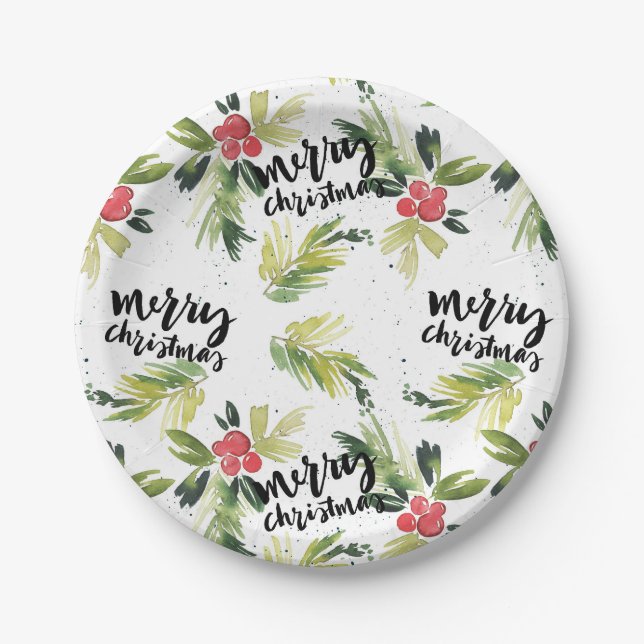Rustic Watercolor Holly Pattern Merry Christmas Paper Plates (Front)
