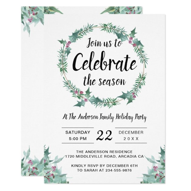 Rustic Watercolor Holly Wreath Holiday Party Invitation