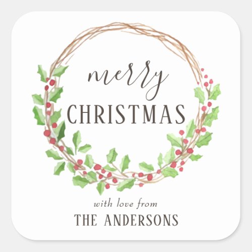 Rustic Watercolor Holly Wreath Merry Christmas Square Sticker - Rustic Watercolor Holly Wreath Merry Christmas by Eugene Designs.