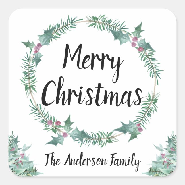 Rustic Watercolor Holly Wreath Merry Christmas Square Sticker (Front)