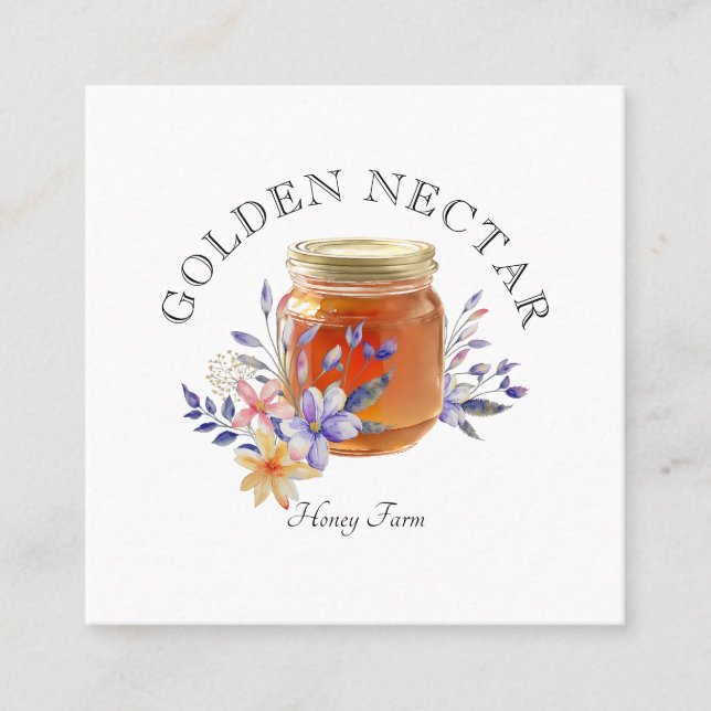 Rustic Watercolor Honey Jar Logo Beekeeper  Square Business Card (Front)