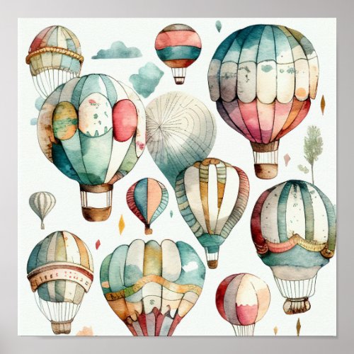 Rustic Watercolor Hot Air Balloons Art Print