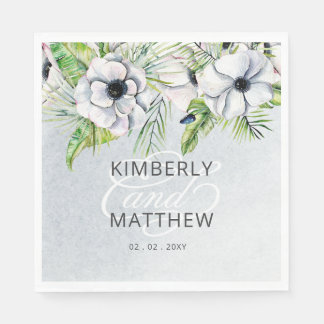Rustic Watercolor Ice Blue Floral White Wedding Napkins