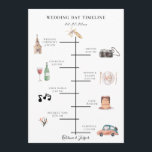 Rustic Watercolor Illustrated Map Wedding Timeline Program<br><div class="desc">Rustic colorful watercolor wedding day elements,  timeline program map. Card features church,  camera,  bottle with glass,  plate setting,  music notes,  cake,  bouquet,  and retro car. Back of card features modern tropical green foliage pattern. Designed to coordinate with our Modern Tropics Collection.</div>