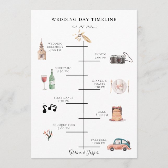Rustic Watercolor Illustrated Map Wedding Timeline Program (Front)