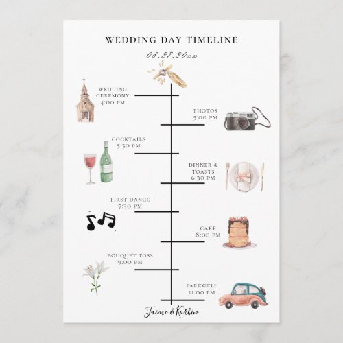 Rustic Watercolor Illustrated Wedding Day Timeline Program