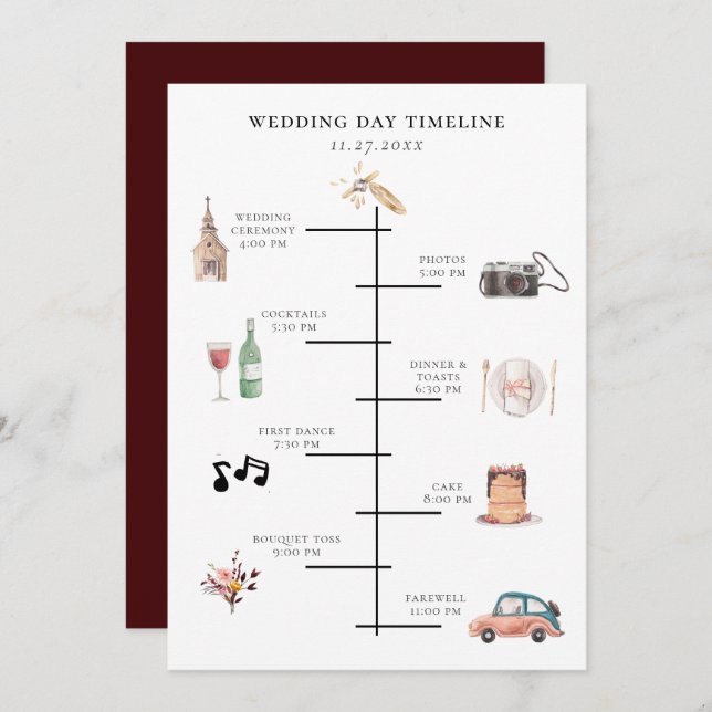 Rustic Watercolor Illustrated Wedding Day Timeline Program (Front/Back)