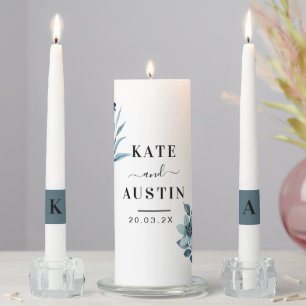 Rustic Watercolor Illustration Blue Floral Bouquet Unity Candle Set