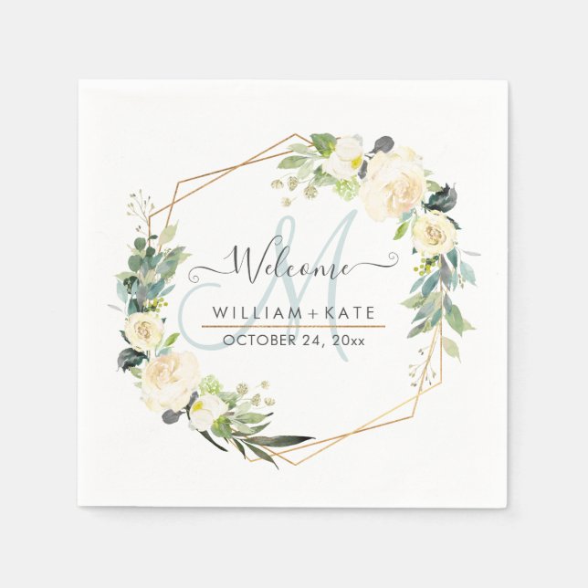 Rustic Watercolor Ivory Cream Roses Monogram Napkins (Front)
