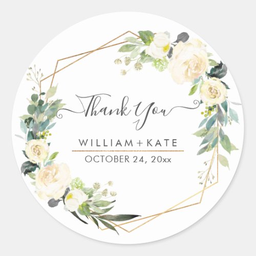 Rustic Watercolor Ivory Cream RosesThank You Classic Round Sticker