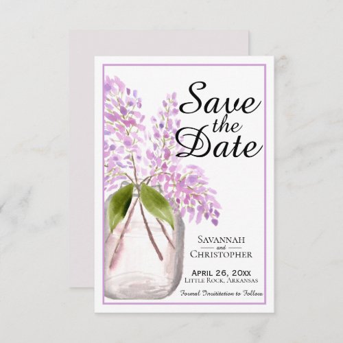 Rustic Watercolor Jar of Lilac Flowers Wedding Save The Date
