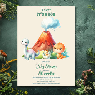 Rustic Watercolor Jungle Cute Dinosaur Baby Shower Invitation