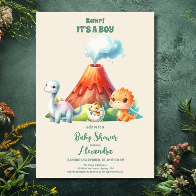 Rustic Watercolor Jungle Cute Dinosaur Baby Shower Invitation (Creator Uploaded)