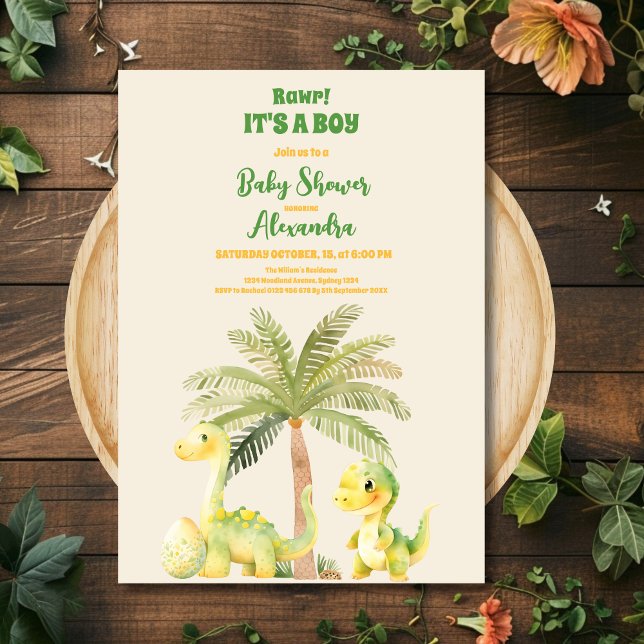 Rustic Watercolor Jungle Cute Dinosaur Baby Shower Invitation (Creator Uploaded)