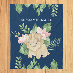 Rustic Watercolor Jungle Triceratops Cute Dinosaur Fleece Blanket