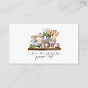Rustic Watercolor Kitchenware & Herbs Chef Business Card