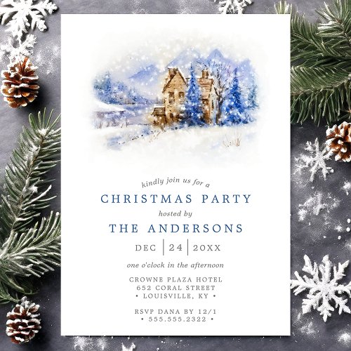 Rustic Watercolor Lake Cabin Christmas Party  Invitation