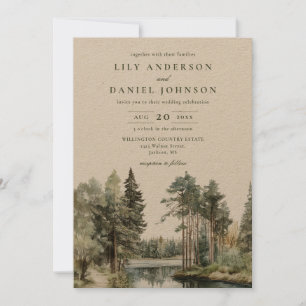 Rustic Watercolor Lake Forest Wedding QR Code Invitation