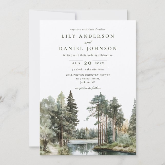 Rustic Watercolor Lake Forest Woodland Wedding Invitation (Front)