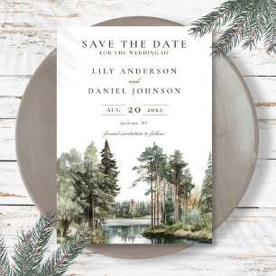 Rustic Watercolor Lake Forest Woodland Wedding Save The Date