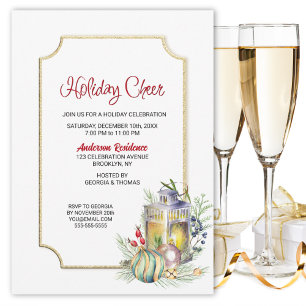 Rustic Watercolor Lantern Holiday Party Invitation