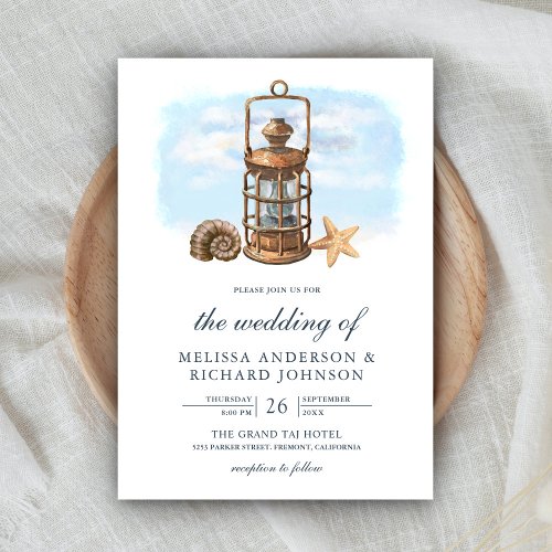 Rustic Watercolor Lantern Nautical Wedding Invitation