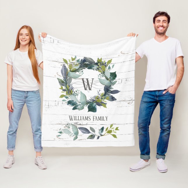 Rustic Watercolor Laurel Wreath Family Monogram Fleece Blanket (In Situ)
