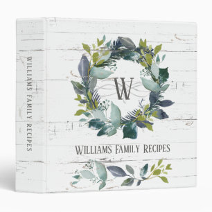 Rustic Watercolor Laurel Wreath Family Recipe 3 Ring Binder