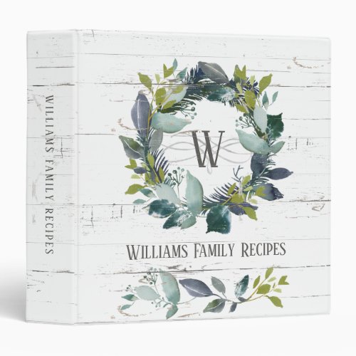 Rustic Watercolor Laurel Wreath Family Recipe 3 Ring Binder