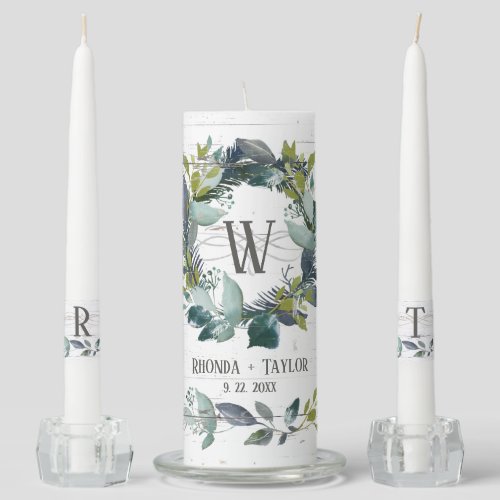 Rustic Watercolor Laurel Wreath Greenery Wedding   Unity Candle Set