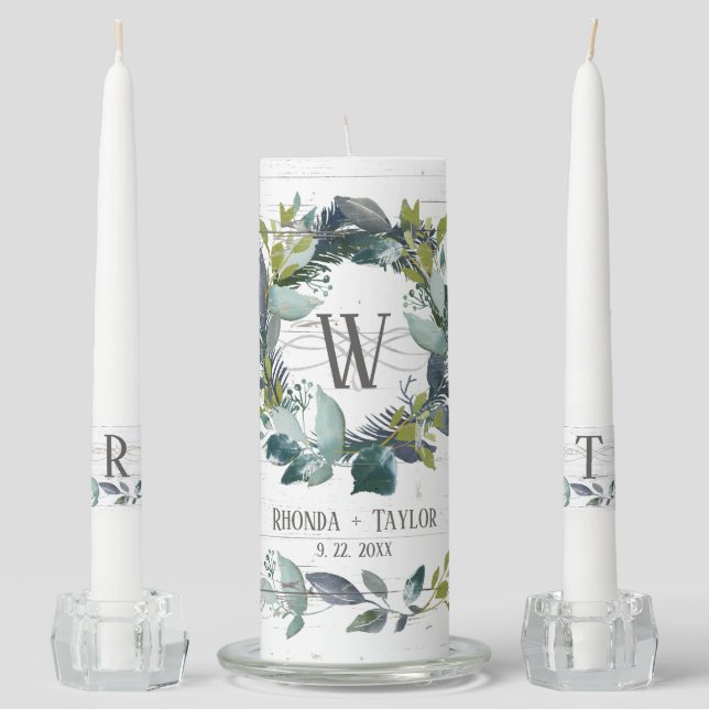 Rustic Watercolor Laurel Wreath Greenery Wedding   Unity Candle Set (Front)