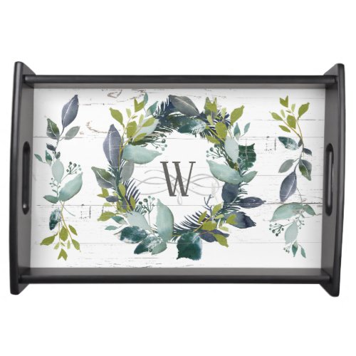 Rustic Watercolor Laurel Wreath Monogram Initial Serving Tray