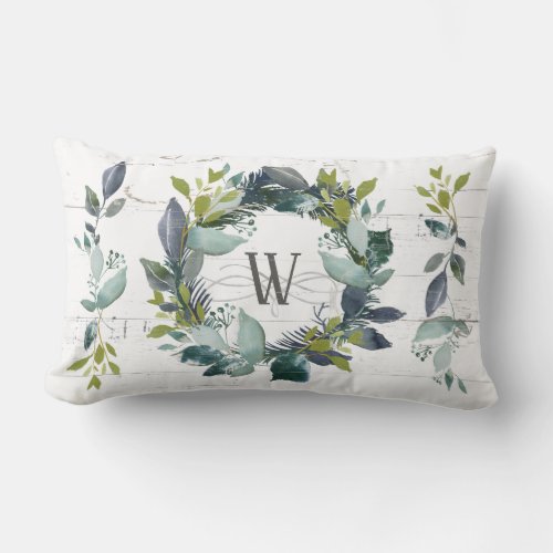 Rustic Watercolor Laurel Wreath Monogram Lumbar Pillow