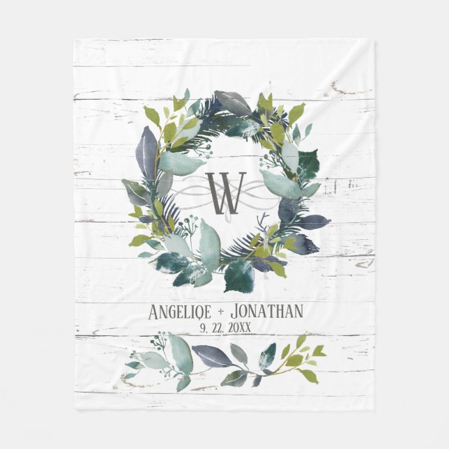 Rustic Watercolor Laurel Wreath Monogram Newlywed Fleece Blanket (Front)